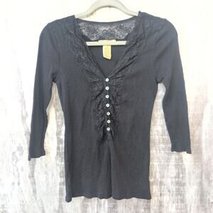 Vintage Naturelle Y2K Dainty Coquette Ribbed Lace Trim Black Top Women's Med